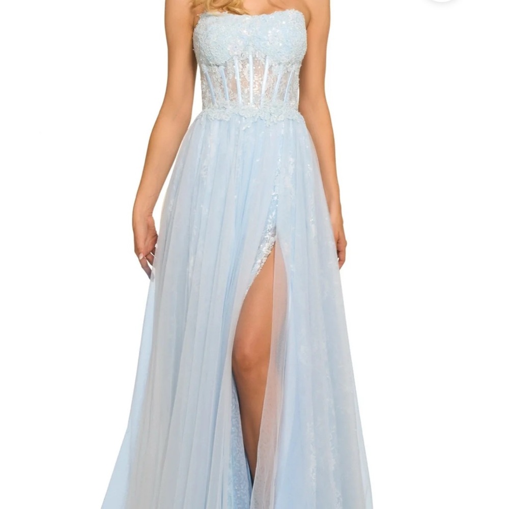 55489 Sherri Hill Light Blue Strapless Prom Dress